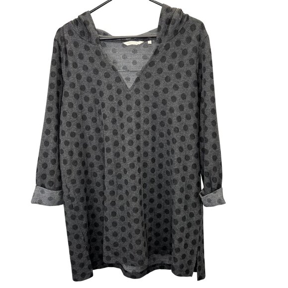 Soft Surroundings Sweaters - Soft Surroundings Polka Dot Tunic Top L Black Gray Hooded Notched Hem